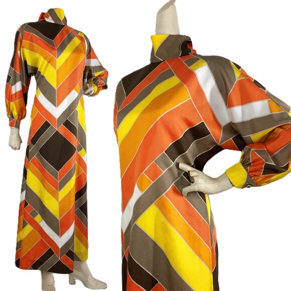 Vintage 1970s Maxi Dress Bold Geometric Print Orange Brown Neck Scarf - Picture 5 of 7